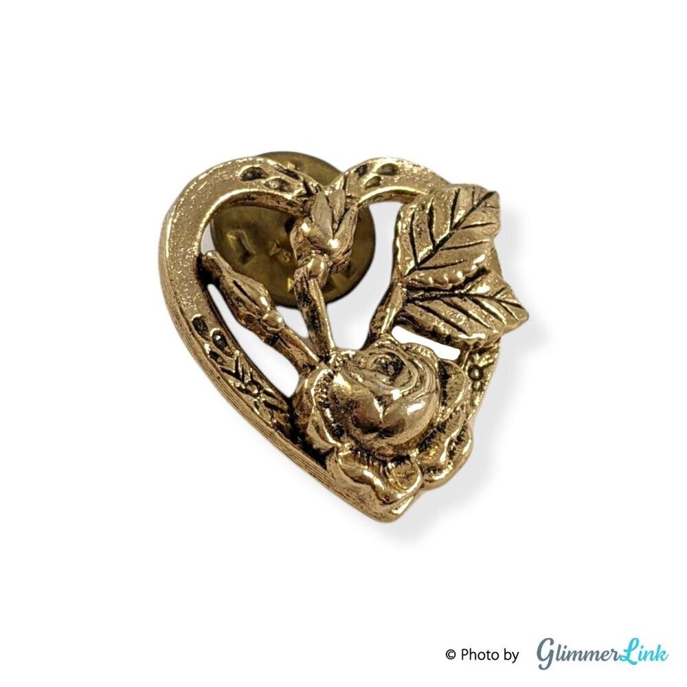 Vintage CAMCO Heart Roses Antiqued Gold Tone Lapel Pin Tie Tack - Picture 2 of 7